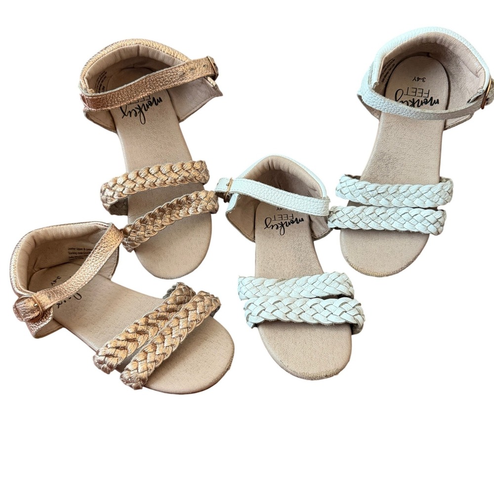 Monkey Feet Kids 11 Braided Leather Sandals Gold White Size 3-4Y Boho Summer